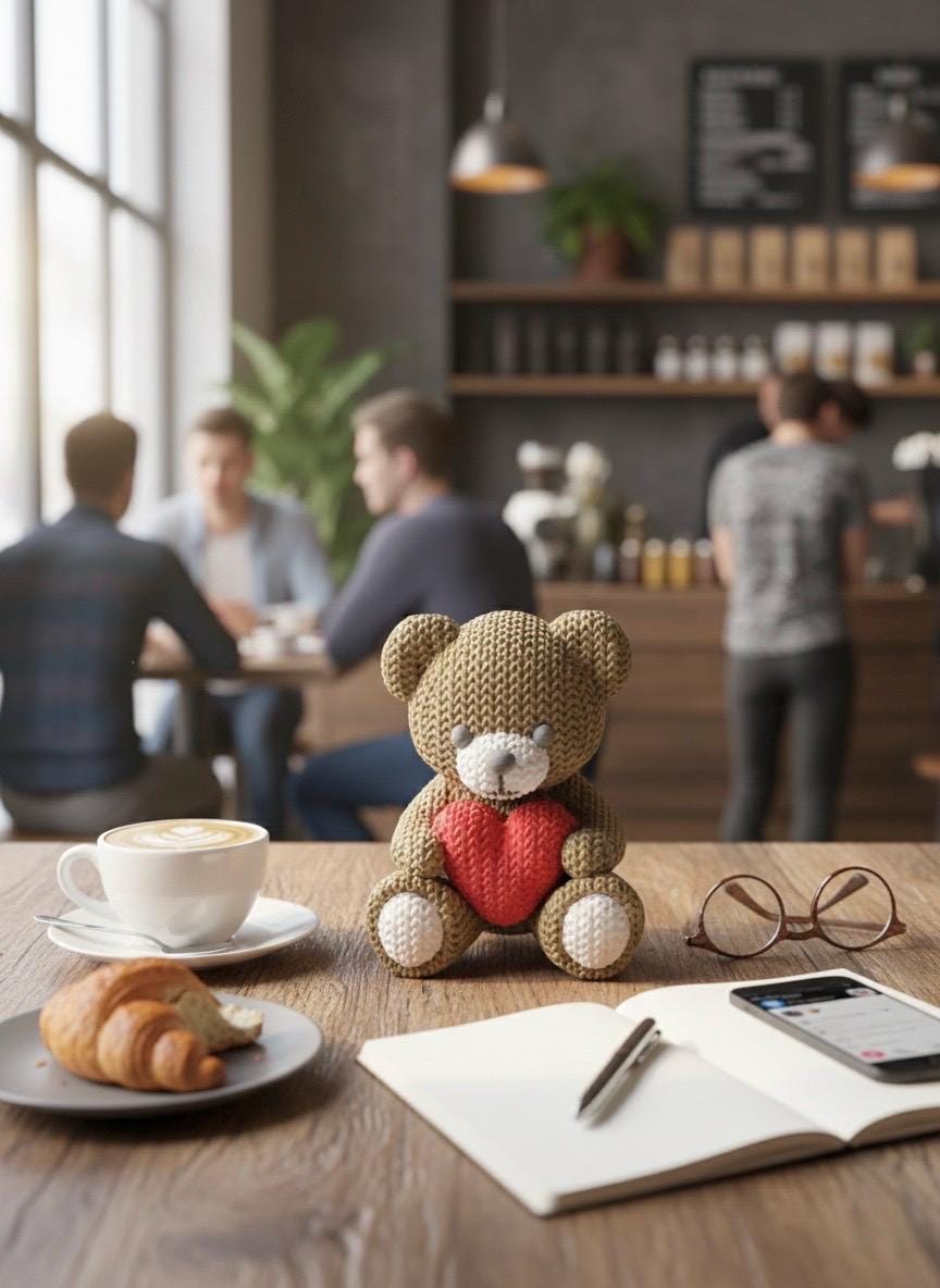 Knit Teddy Bear Figurine with Heart, 3D Printed Desk Decor (4.1")