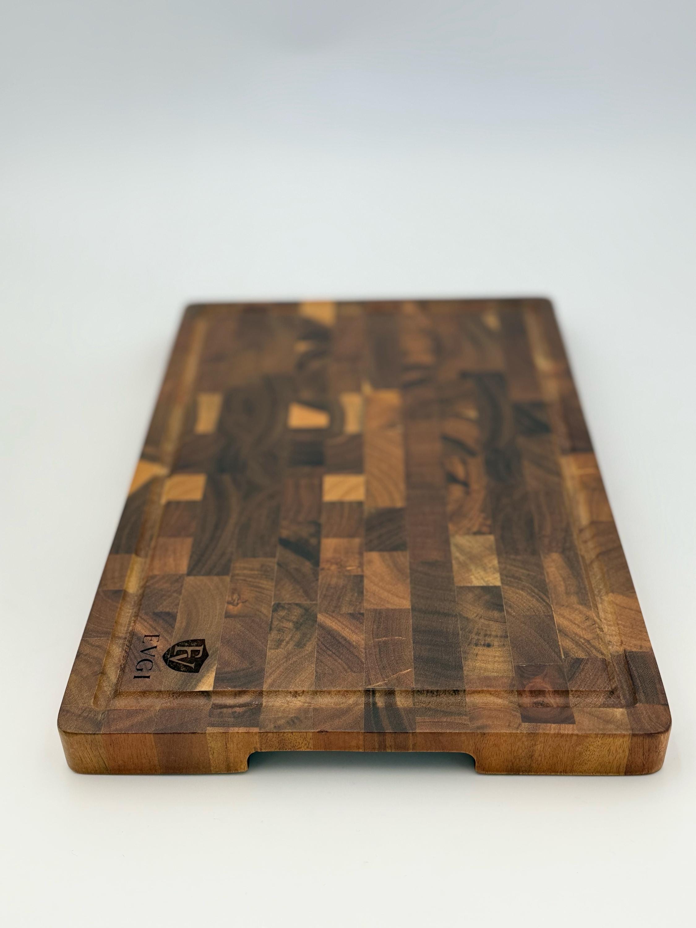 Customized Acacia End Grain Cutting Board, Knife-Friendly Charcuterie Block with Juice Groove & Handles