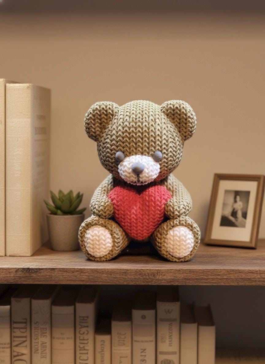 Knit Teddy Bear Figurine with Heart, 3D Printed Desk Decor (4.1")