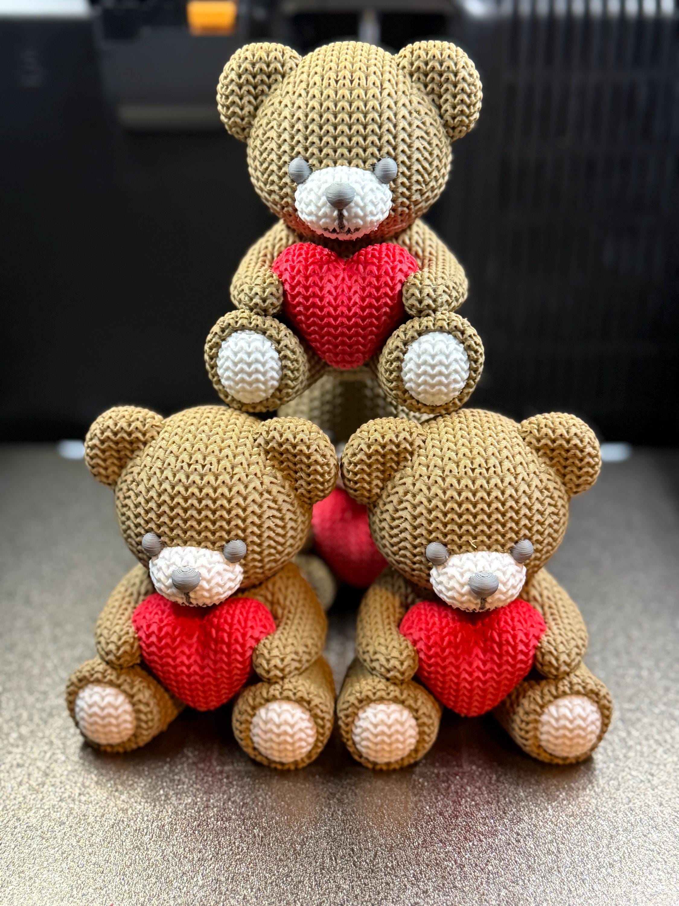 Knit Teddy Bear Figurine with Heart, 3D Printed Desk Decor (4.1")