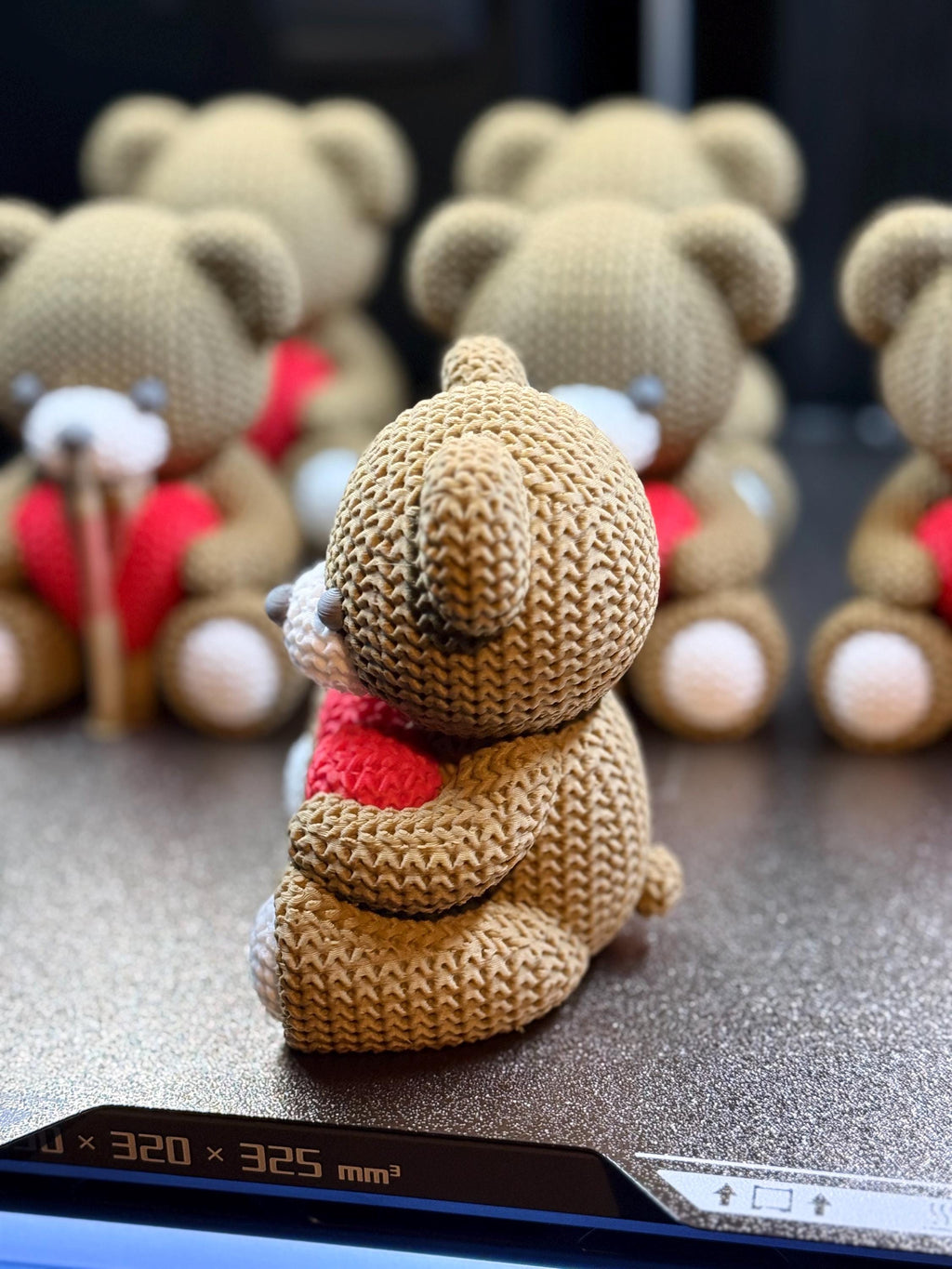 Knit Teddy Bear Figurine with Heart, 3D Printed Desk Decor (4.1")