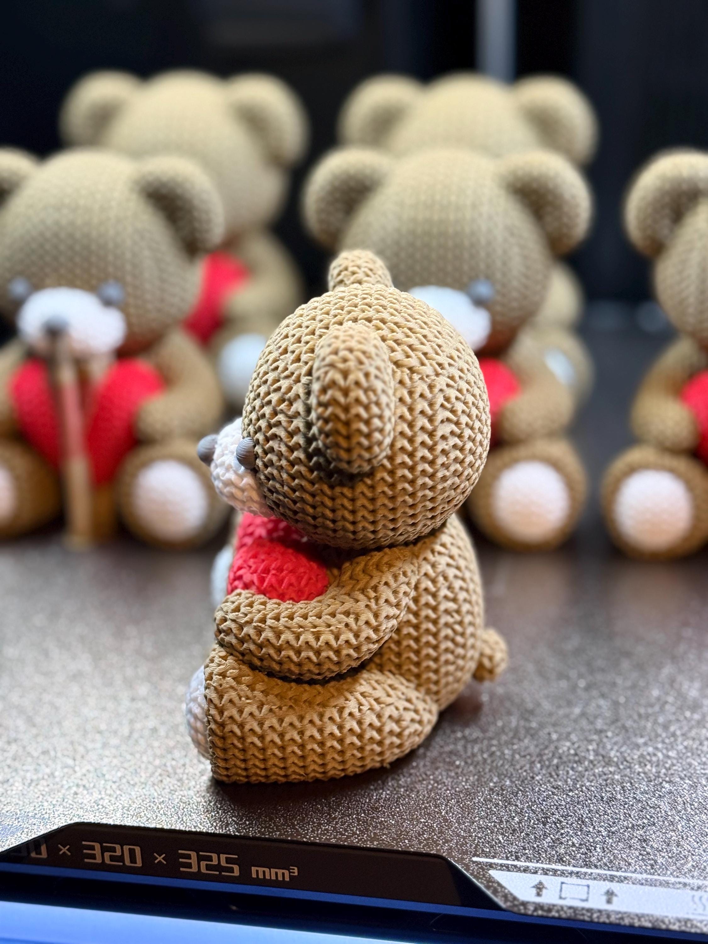 Knit Teddy Bear Figurine with Heart, 3D Printed Desk Decor (4.1")