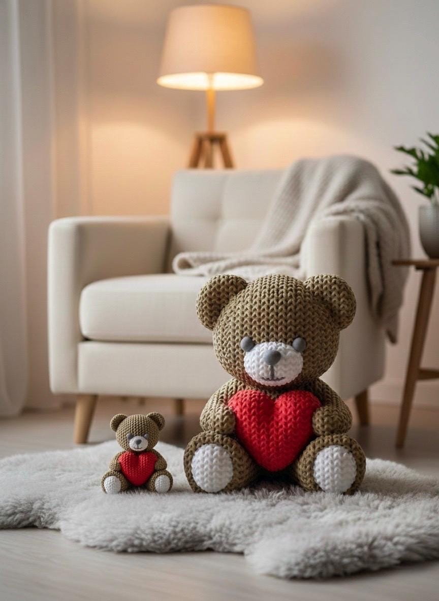Knit Teddy Bear Figurine with Heart, 3D Printed Desk Decor (4.1")