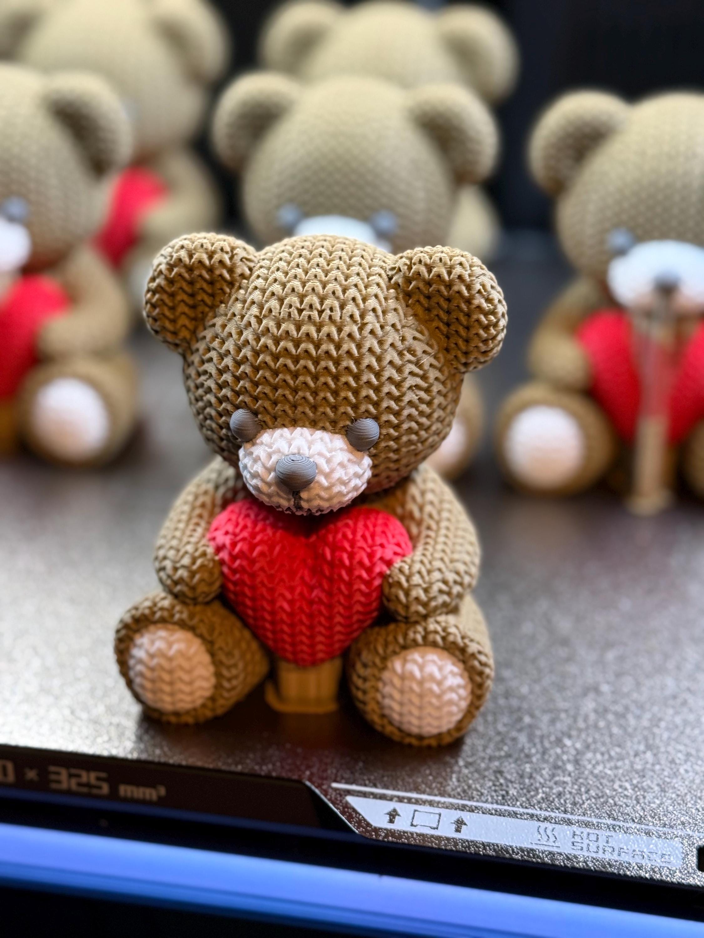 Knit Teddy Bear Figurine with Heart, 3D Printed Desk Decor (4.1")