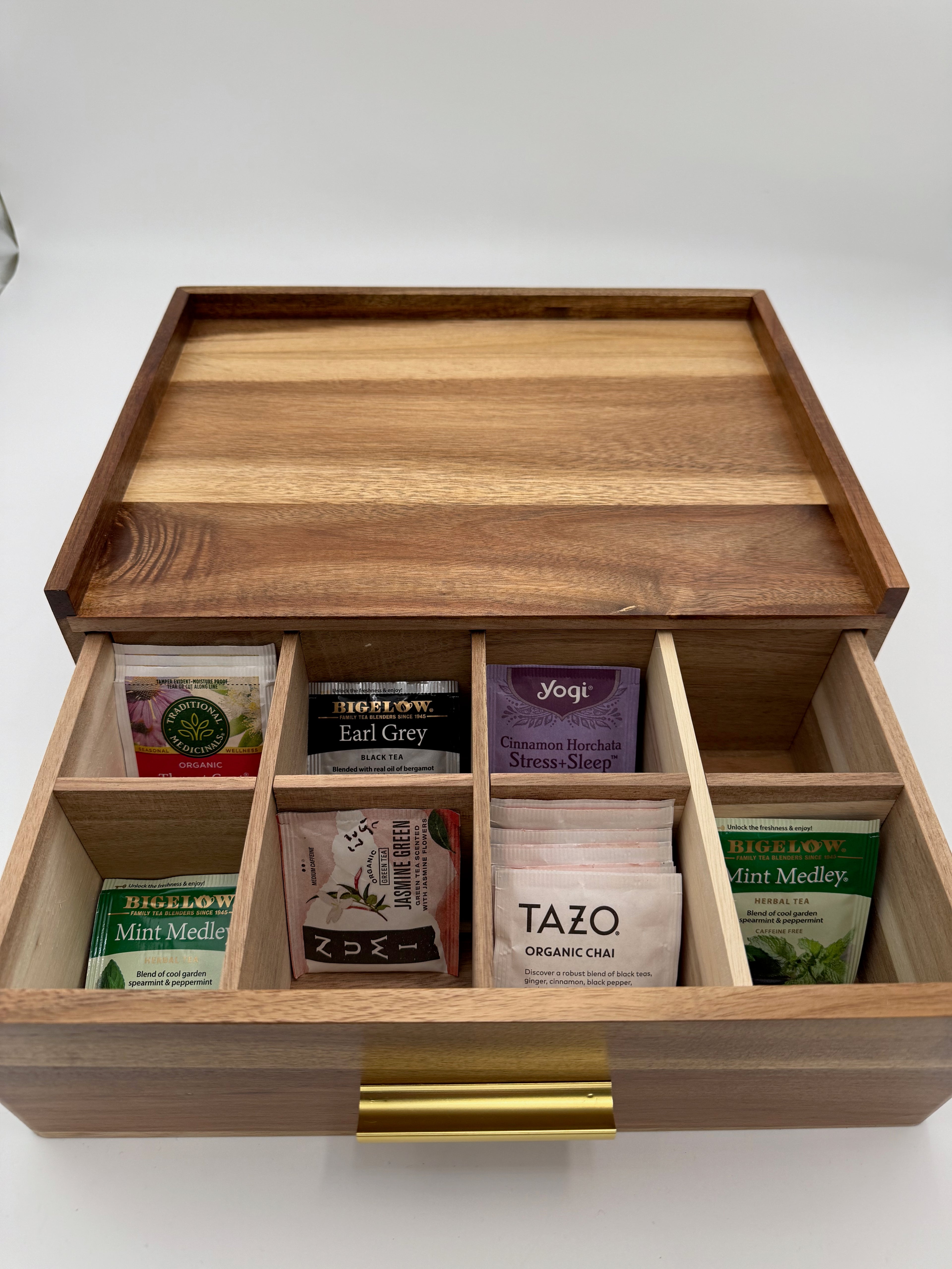Personalized Acacia Wood Tea Box Organizer, Custom Engraved Tea Storage Drawer, Tea Lover Gift, Kitchen Tea Chest, 12 Compartments