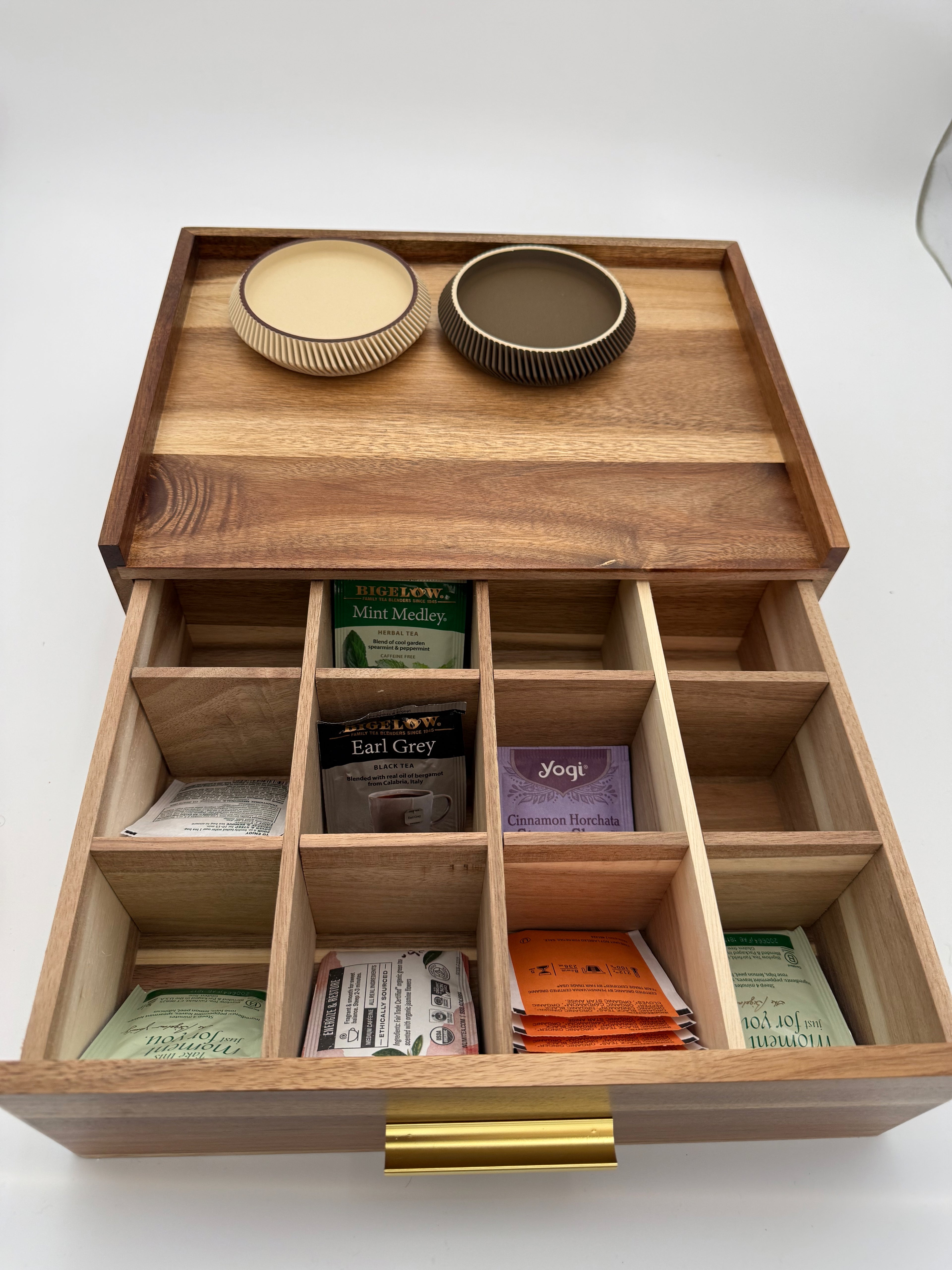 Personalized Acacia Wood Tea Box Organizer, Custom Engraved Tea Storage Drawer, Tea Lover Gift, Kitchen Tea Chest, 12 Compartments