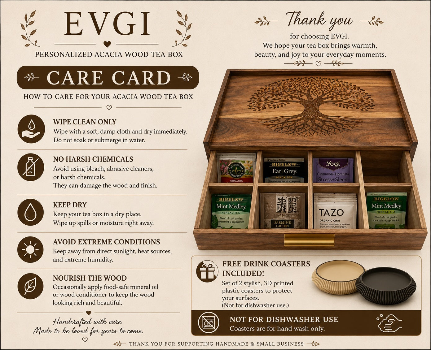 Personalized Acacia Wood Tea Box Organizer, Custom Engraved Tea Storage Drawer, Tea Lover Gift, Kitchen Tea Chest, 12 Compartments