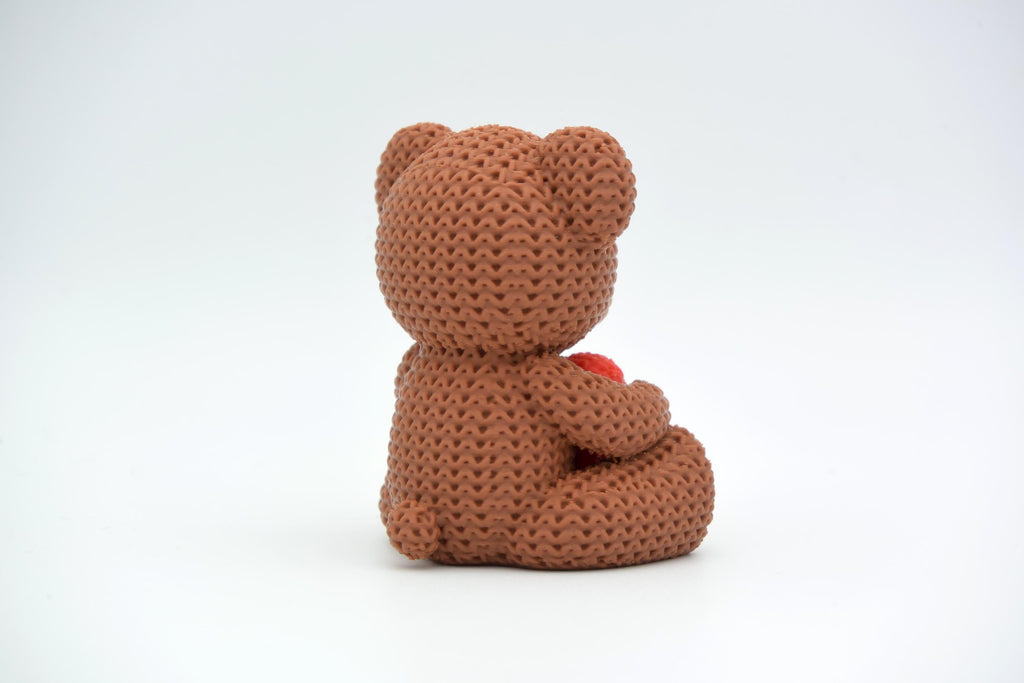 Knit Teddy Bear Figurine with Heart, 3D Printed Desk Decor (4.1")