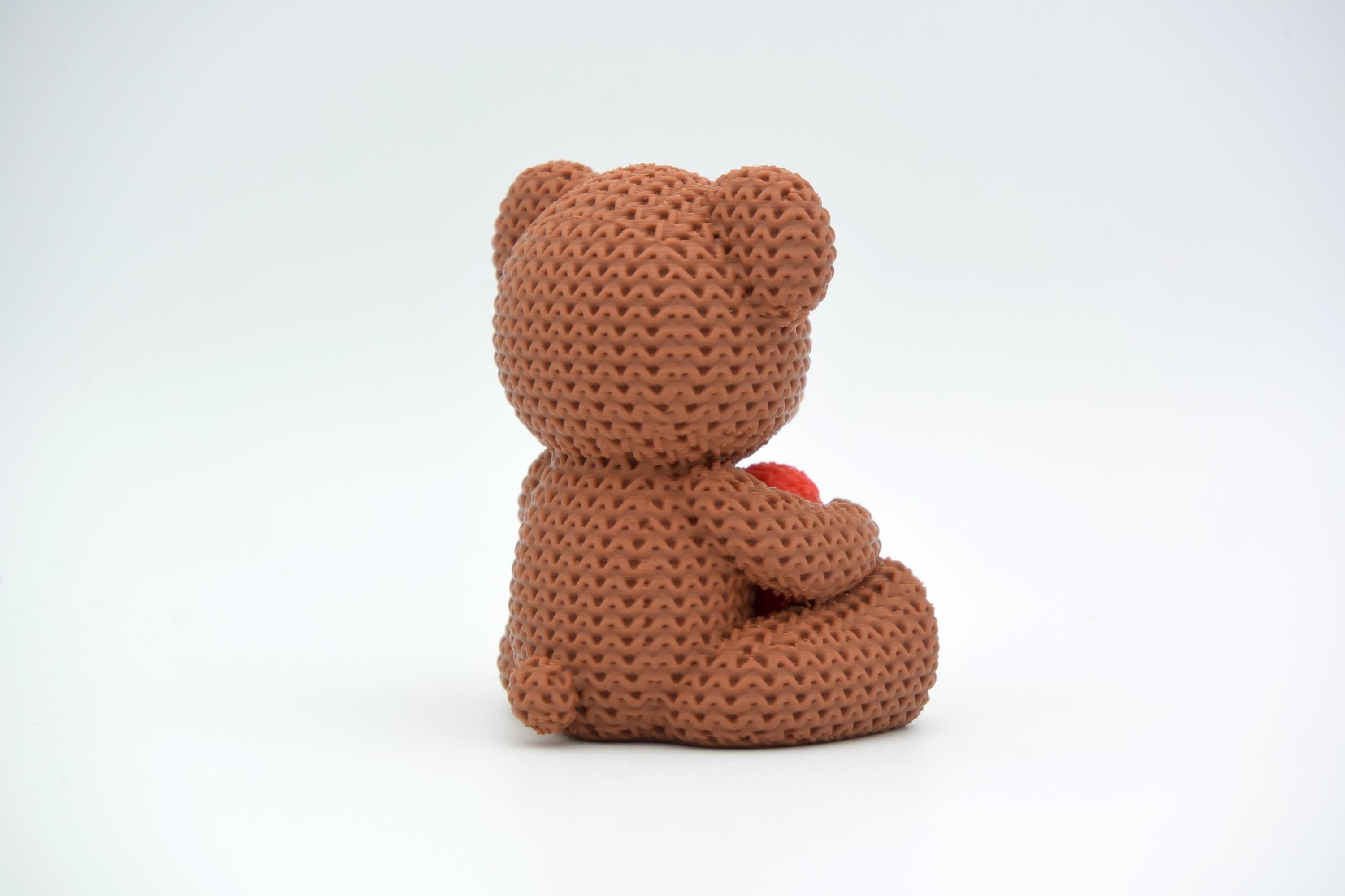 Knit Teddy Bear Figurine with Heart, 3D Printed Desk Decor (4.1")