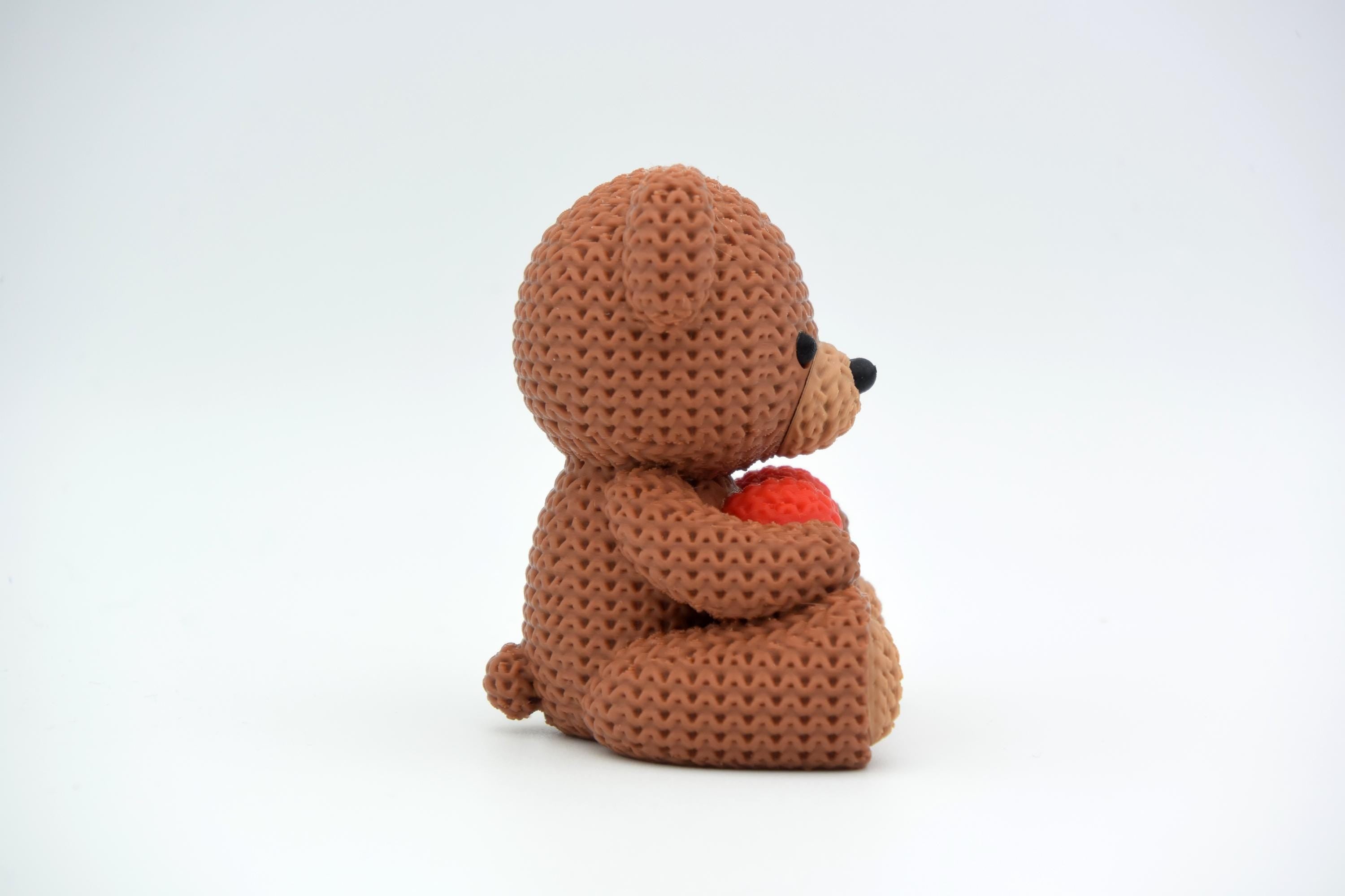 Knit Teddy Bear Figurine with Heart, 3D Printed Desk Decor (4.1")