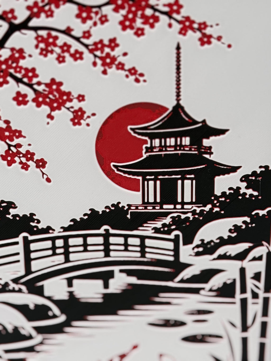 Japanese Pagoda Koi Pond Art | 3D Printed Zen Landscape Decor (240mm x 140mm)