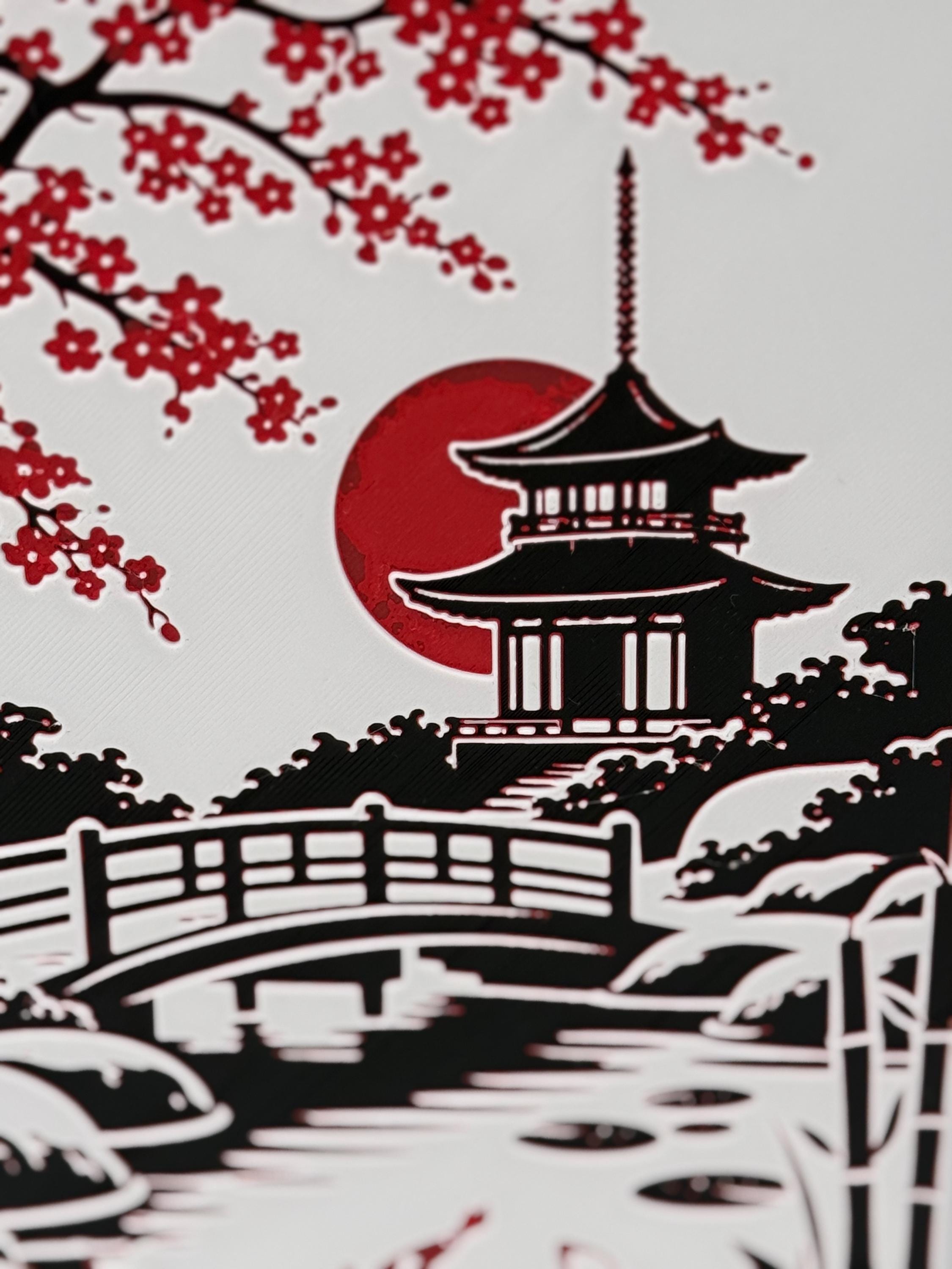 Japanese Pagoda Koi Pond Art | 3D Printed Zen Landscape Decor (240mm x 140mm)