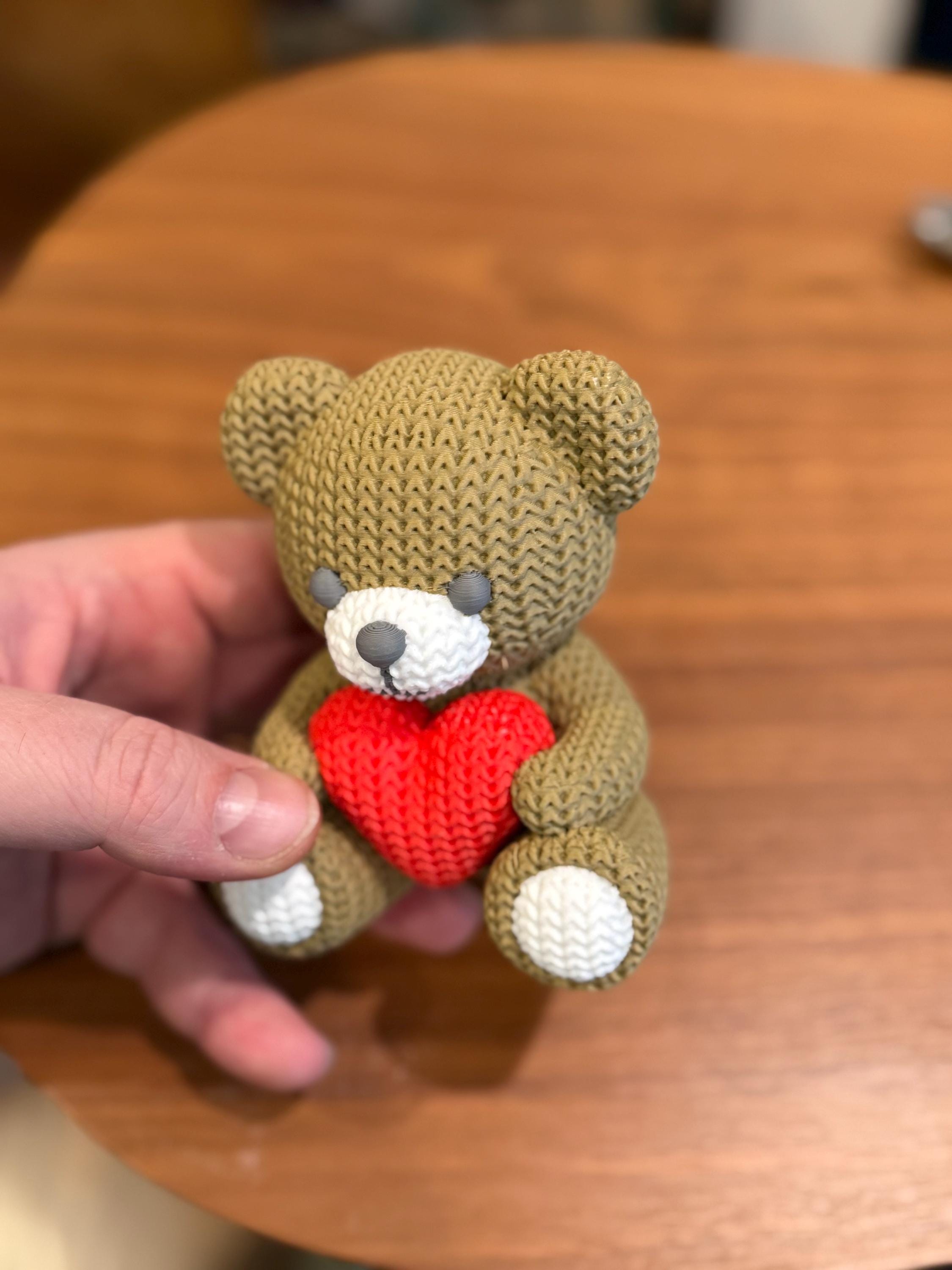 Knit Teddy Bear Figurine with Heart, 3D Printed Desk Decor (4.1")