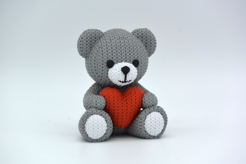 Knit Teddy Bear Figurine with Heart, 3D Printed Desk Decor (4.1")